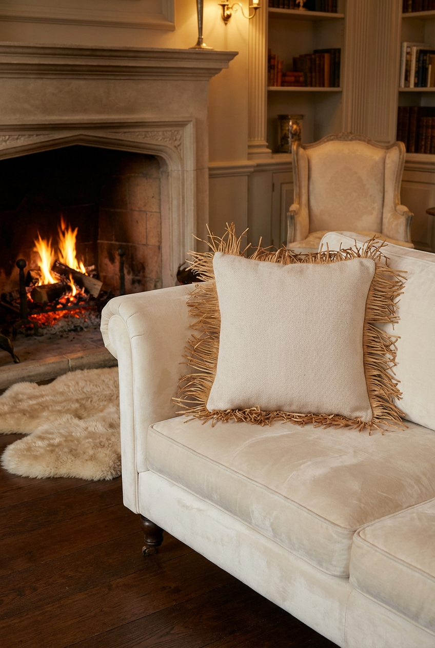 Bohem Rafya Püsküllü Doğal Kumaş Kırlent Kılıfı Bej 45x45 cm