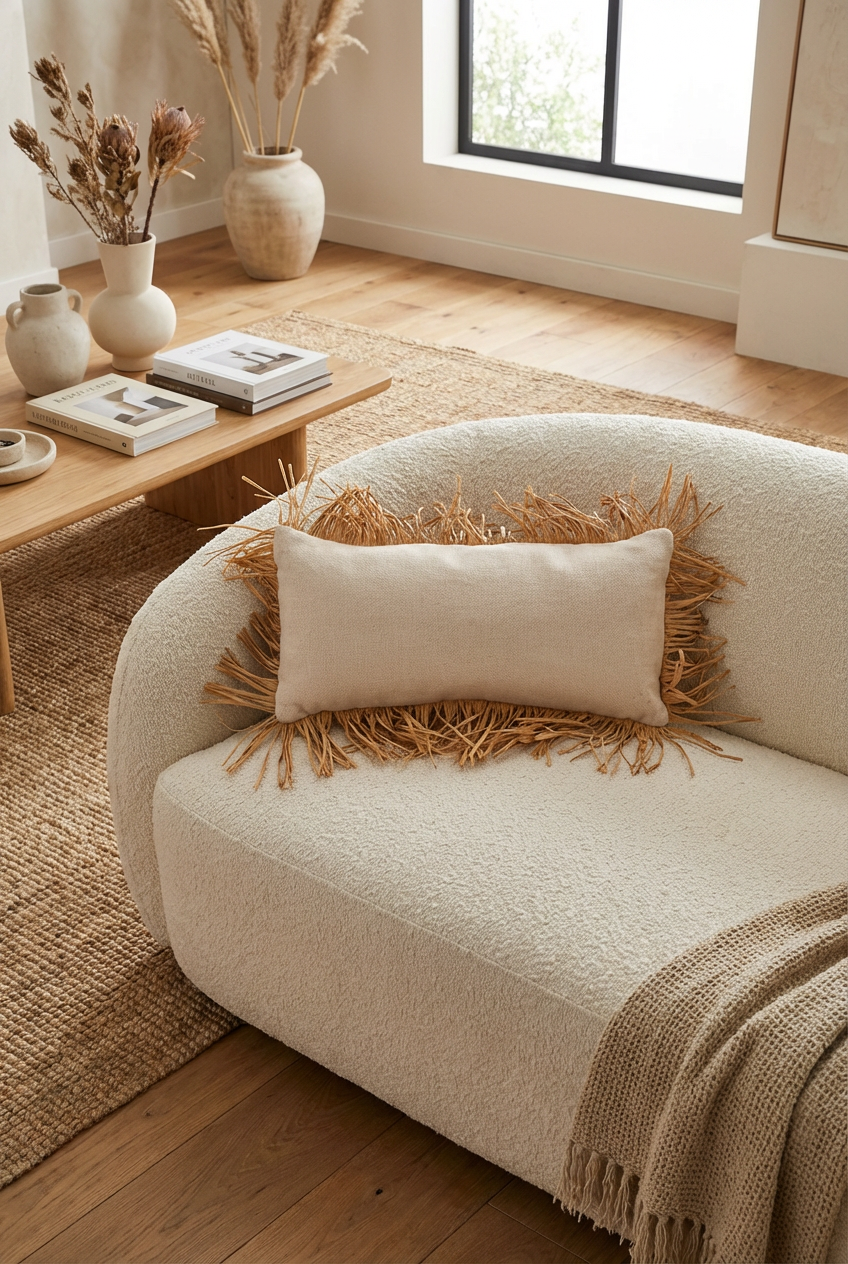 Bohem Rafya Püsküllü Doğal Kumaş Kırlent Kılıfı Bej 25x50 cm