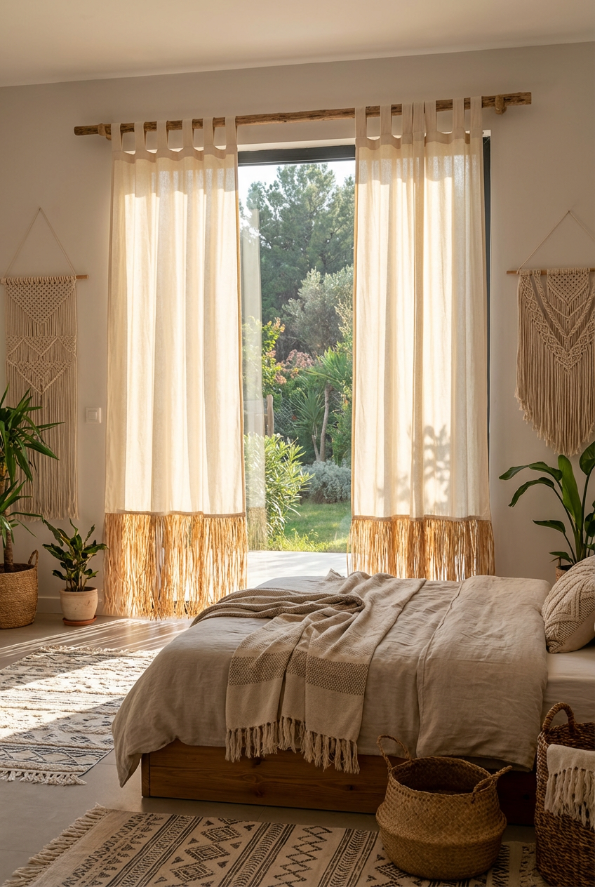 Bohem Rafya Püsküllü Doğal Kumaş Perde Bej 95x140 cm