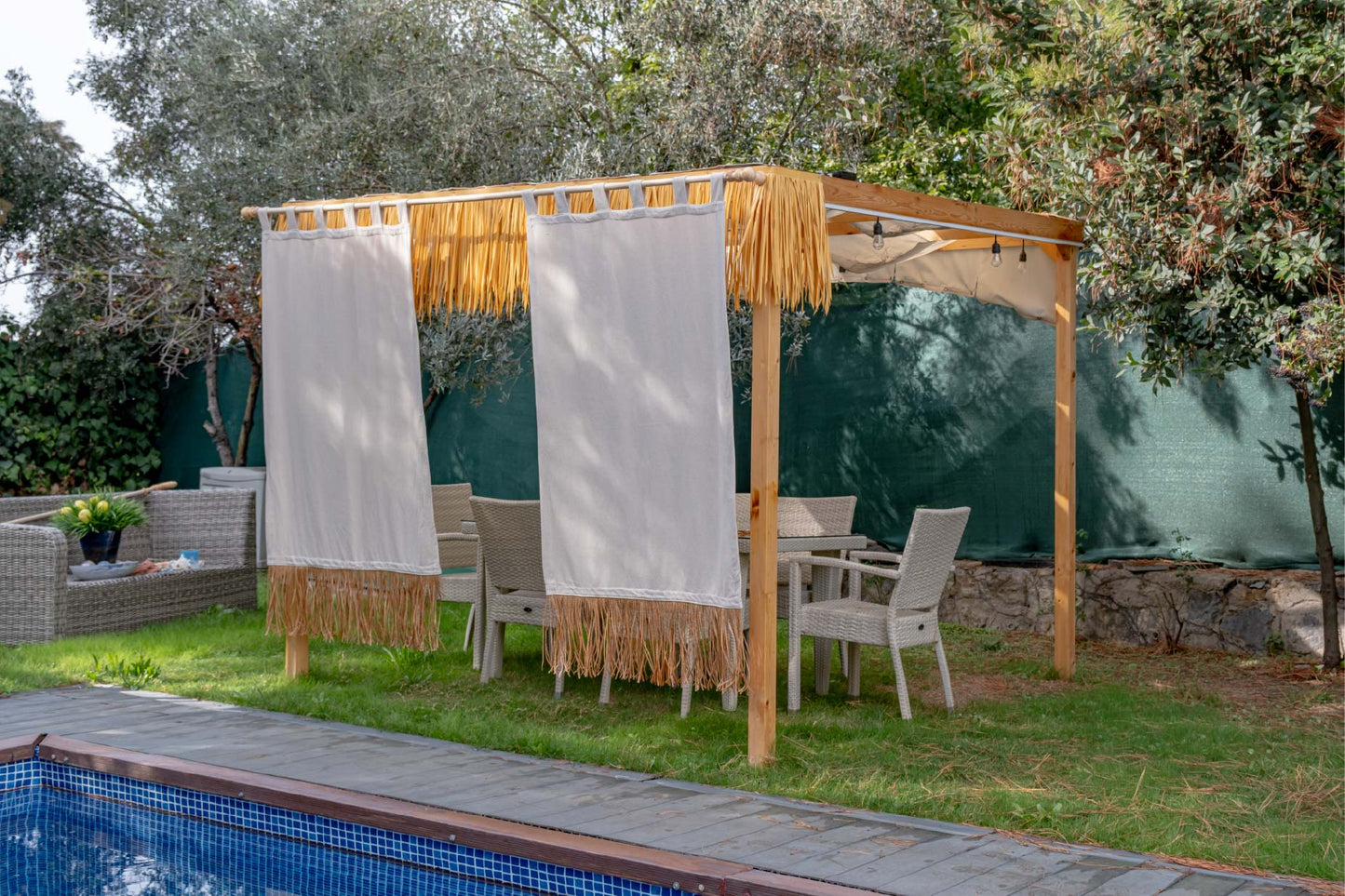 Bohem Rafya Püsküllü Doğal Kumaş Perde Bej 95x140 cm