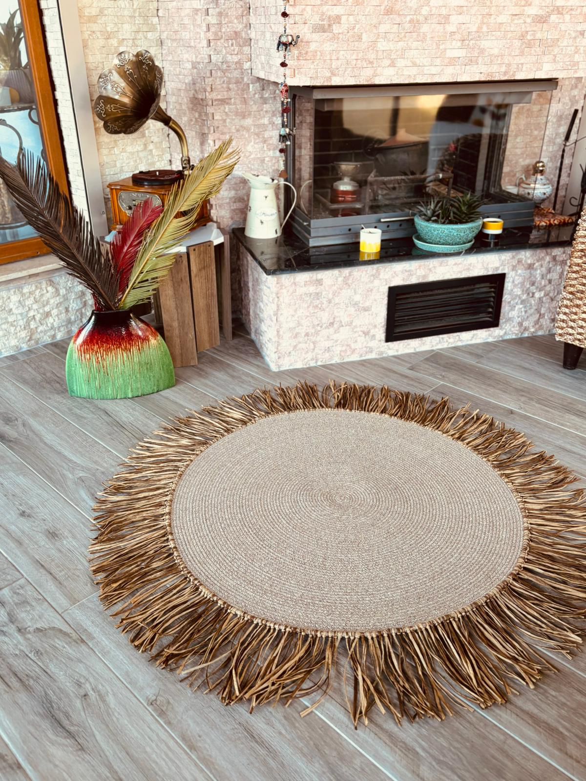 Bohem Rafya Püsküllü El Yapımı Jüt Paspas Halı Krem 90cm