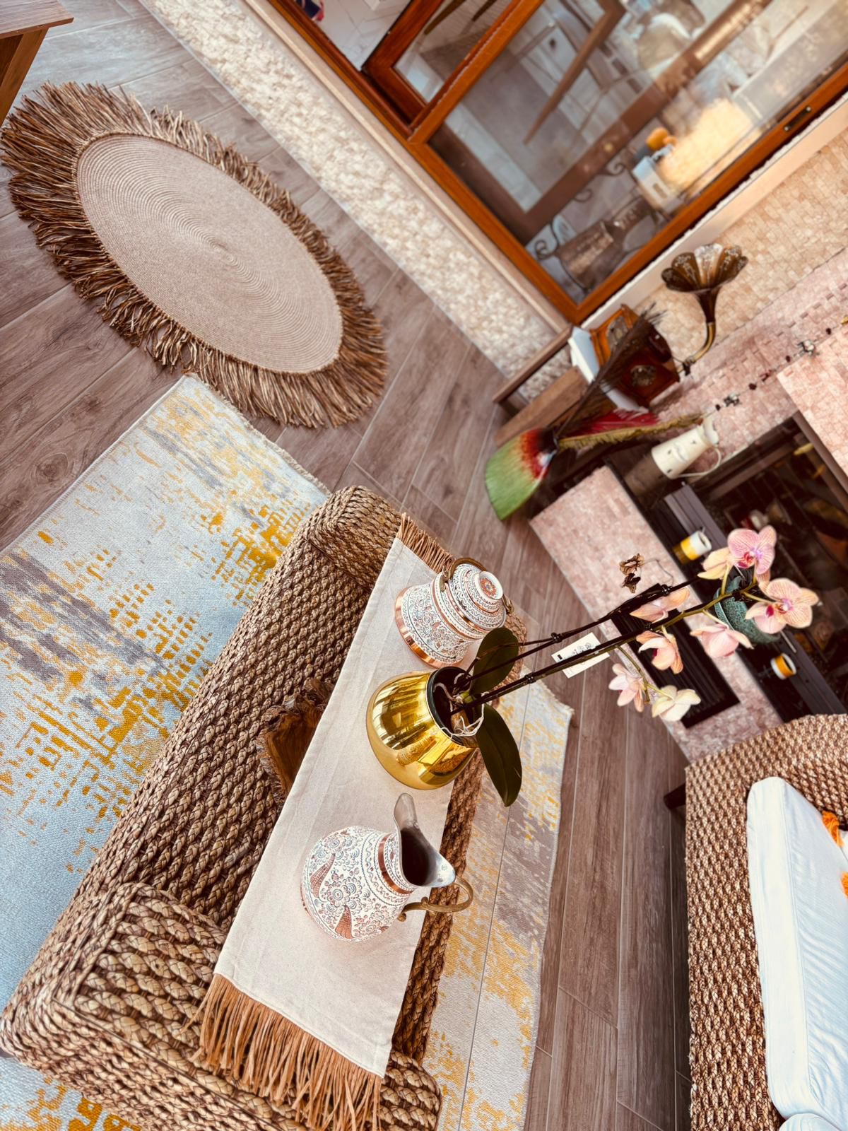 Bohem Rafya Püsküllü Doğal Kumaş Runner Bej 30x100 cm