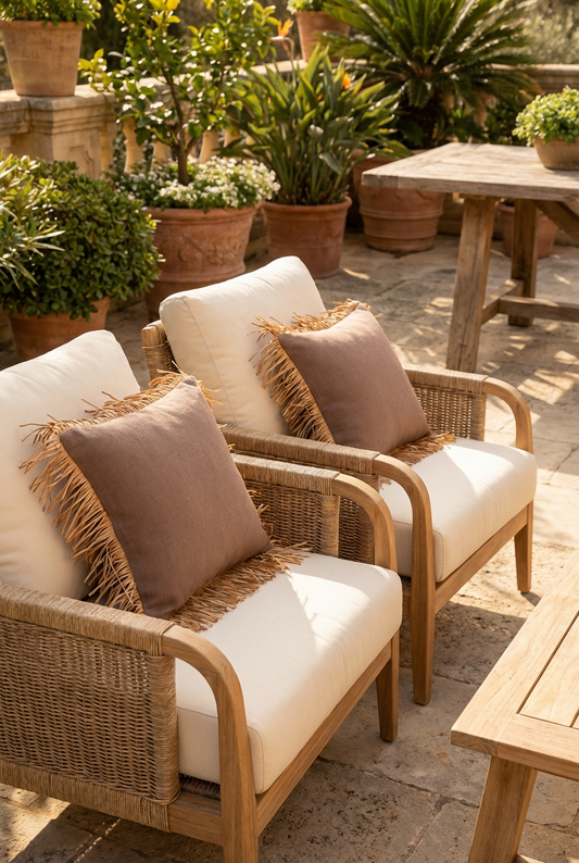 Bohem Rafya Püsküllü Doğal Kumaş Kırlent Kılıfı Kahve 45x45 cm