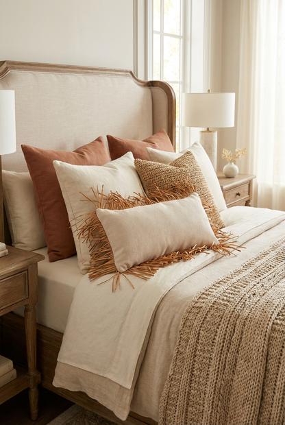 Bohem Rafya Püsküllü Doğal Kumaş Kırlent Kılıfı Bej 25x50 cm