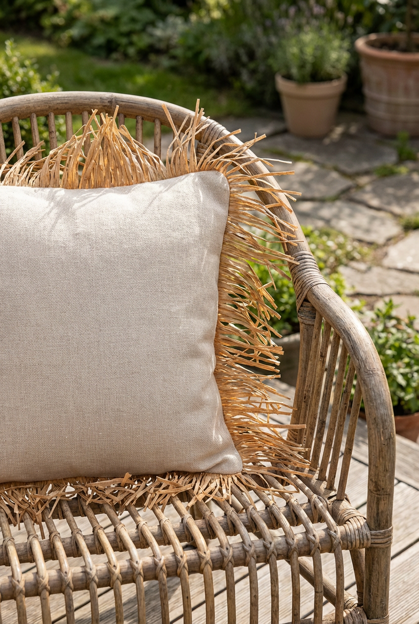 Bohem Rafya Püsküllü Doğal Kumaş Kırlent Kılıfı Bej 45x45 cm