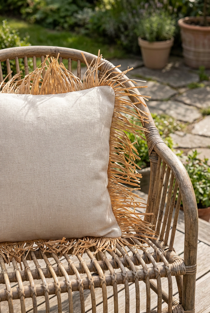 Bohem Rafya Püsküllü Doğal Kumaş Kırlent Kılıfı Bej 45x45 cm