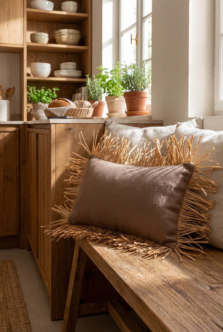 Bohem Rafya Püsküllü Doğal Kumaş Kırlent Kılıfı Kahve 25x50 cm