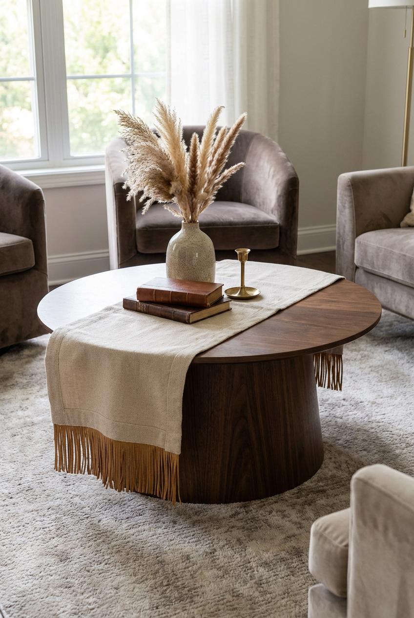 Bohem Rafya Püsküllü Doğal Kumaş Runner Bej 30x100 cm