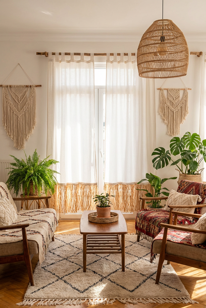 Bohem Rafya Püsküllü Doğal Kumaş Perde Bej 95x140 cm