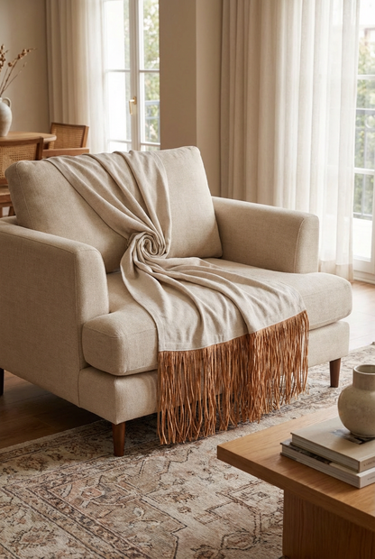 Bohem Rafya Püsküllü Doğal Kumaş Yatak-Koltuk Şalı 80x160 cm