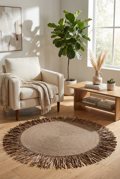 Bohem Rafya Püsküllü El Yapımı Jüt Paspas Halı Krem 90cm