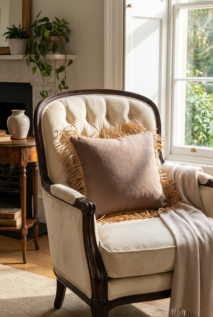 Bohem Rafya Püsküllü Doğal Kumaş Kırlent Kılıfı Kahve 45x45 cm