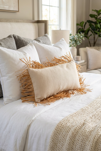 Bohem Rafya Püsküllü Doğal Kumaş Kırlent Kılıfı Bej 25x50 cm