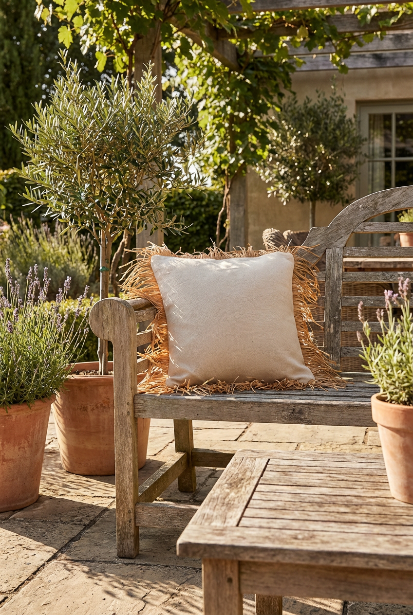 Bohem Rafya Püsküllü Doğal Kumaş Kırlent Kılıfı Bej 45x45 cm