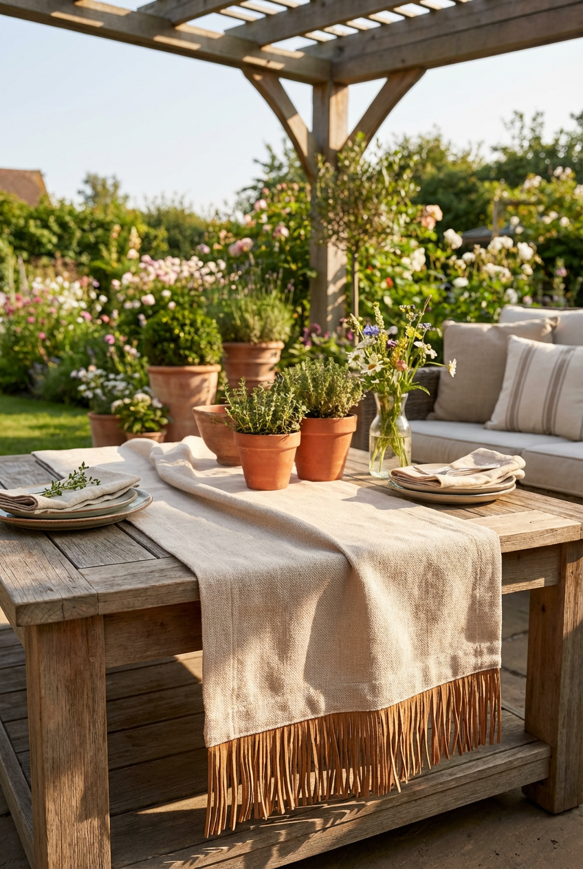 Bohem Rafya Püsküllü Doğal Kumaş Runner Bej 30x100 cm