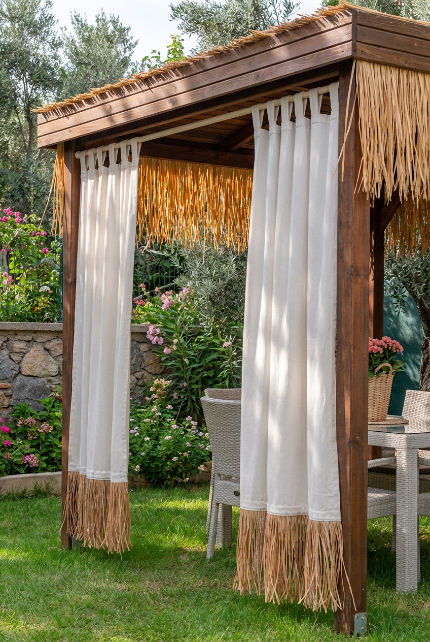 Bohem Rafya Püsküllü Doğal Kumaş Perde Bej 95x140 cm