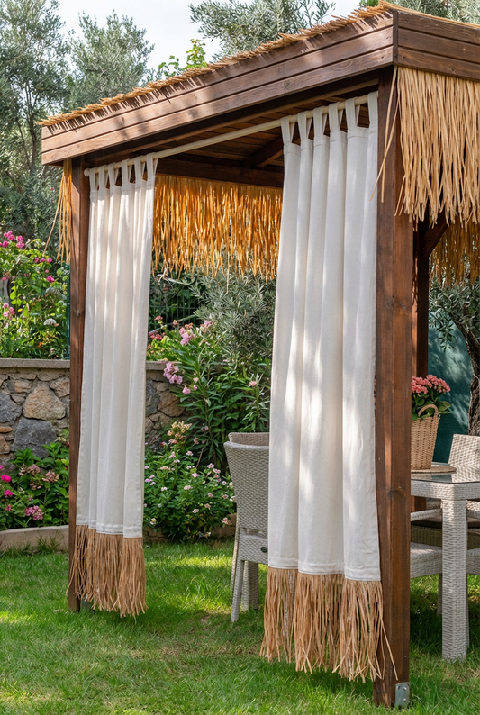 Bohem Rafya Püsküllü Doğal Kumaş Perde Bej 95x140 cm