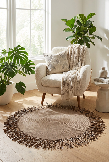 Bohem Rafya Püsküllü El Yapımı Jüt Paspas Halı Krem 90cm