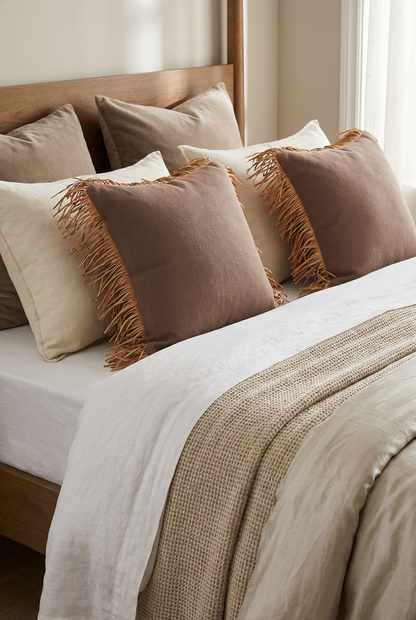 Bohem Rafya Püsküllü Doğal Kumaş Kırlent Kılıfı Kahve 45x45 cm