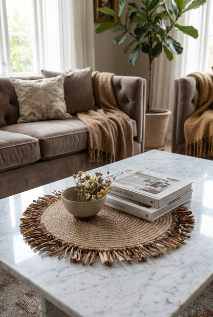 Bohem Rafya Püsküllü El Yapımı Jüt Supla Krem 30cm