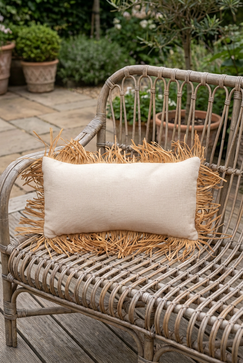 Bohem Rafya Püsküllü Doğal Kumaş Kırlent Kılıfı Bej 25x50 cm