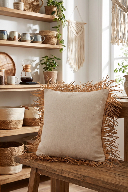 Bohem Rafya Püsküllü Doğal Kumaş Kırlent Kılıfı Bej 45x45 cm