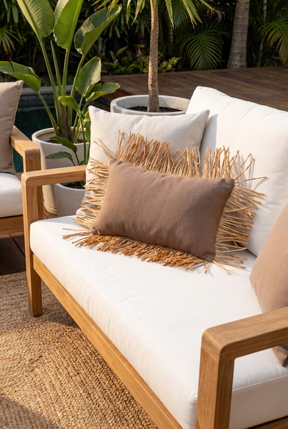 Bohem Rafya Püsküllü Doğal Kumaş Kırlent Kılıfı Kahve 25x50 cm