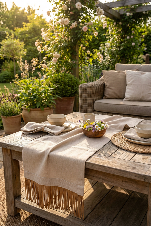 Bohem Rafya Püsküllü Doğal Kumaş Runner Bej 30x100 cm