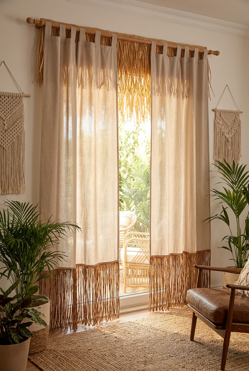 Bohem Rafya Püsküllü Doğal Kumaş Perde Bej 95x140 cm