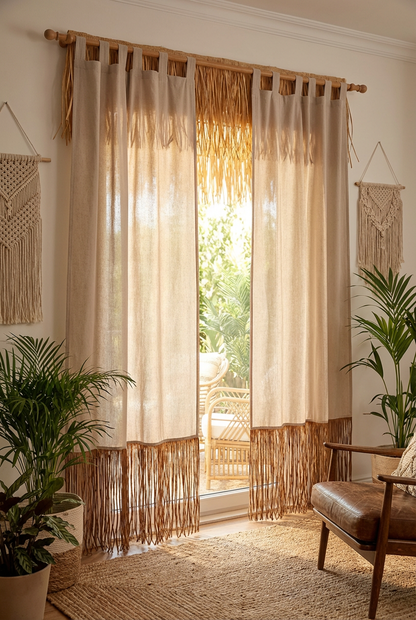Bohem Rafya Püsküllü Doğal Kumaş Perde Bej 95x140 cm