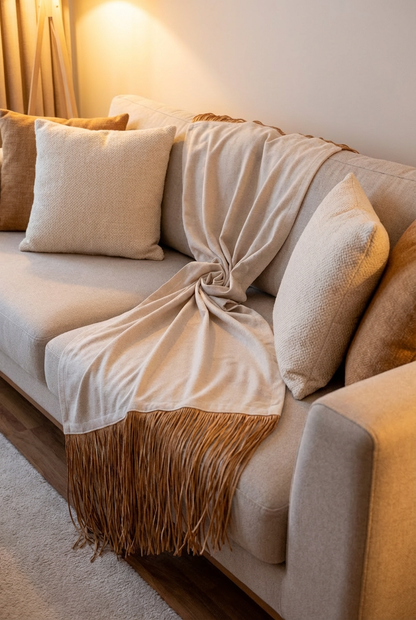 Bohem Rafya Püsküllü Doğal Kumaş Yatak-Koltuk Şalı 80x160 cm