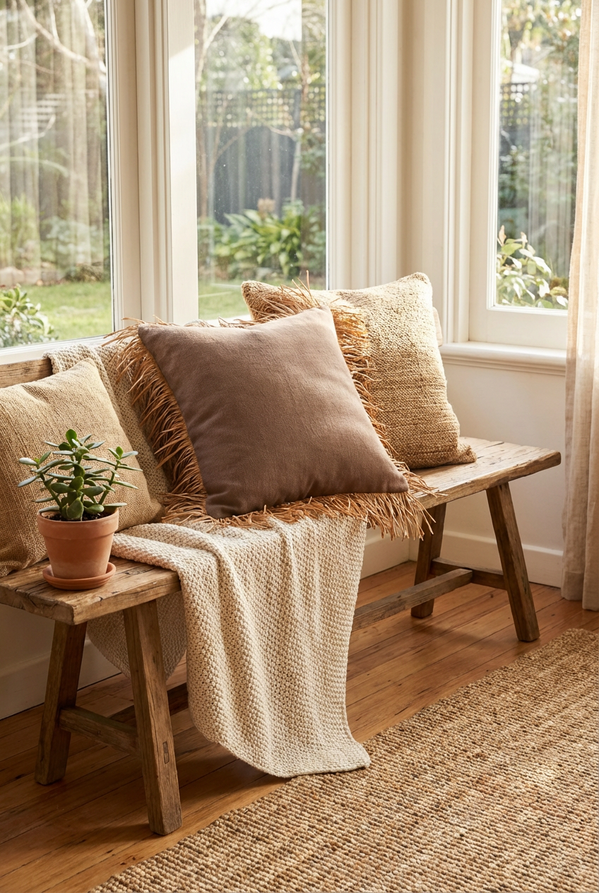 Bohem Rafya Püsküllü Doğal Kumaş Kırlent Kılıfı Kahve 45x45 cm