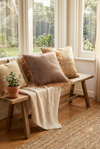 Bohem Rafya Püsküllü Doğal Kumaş Kırlent Kılıfı Kahve 45x45 cm