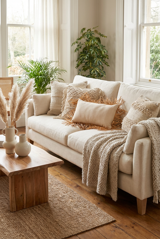 Bohem Rafya Püsküllü Doğal Kumaş Kırlent Kılıfı Bej 25x50 cm