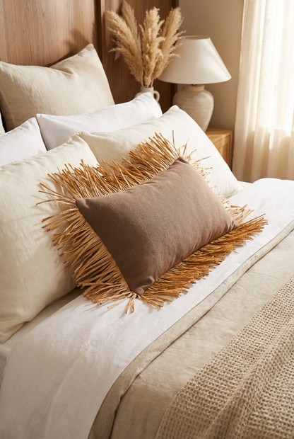 Bohem Rafya Püsküllü Doğal Kumaş Kırlent Kılıfı Kahve 25x50 cm