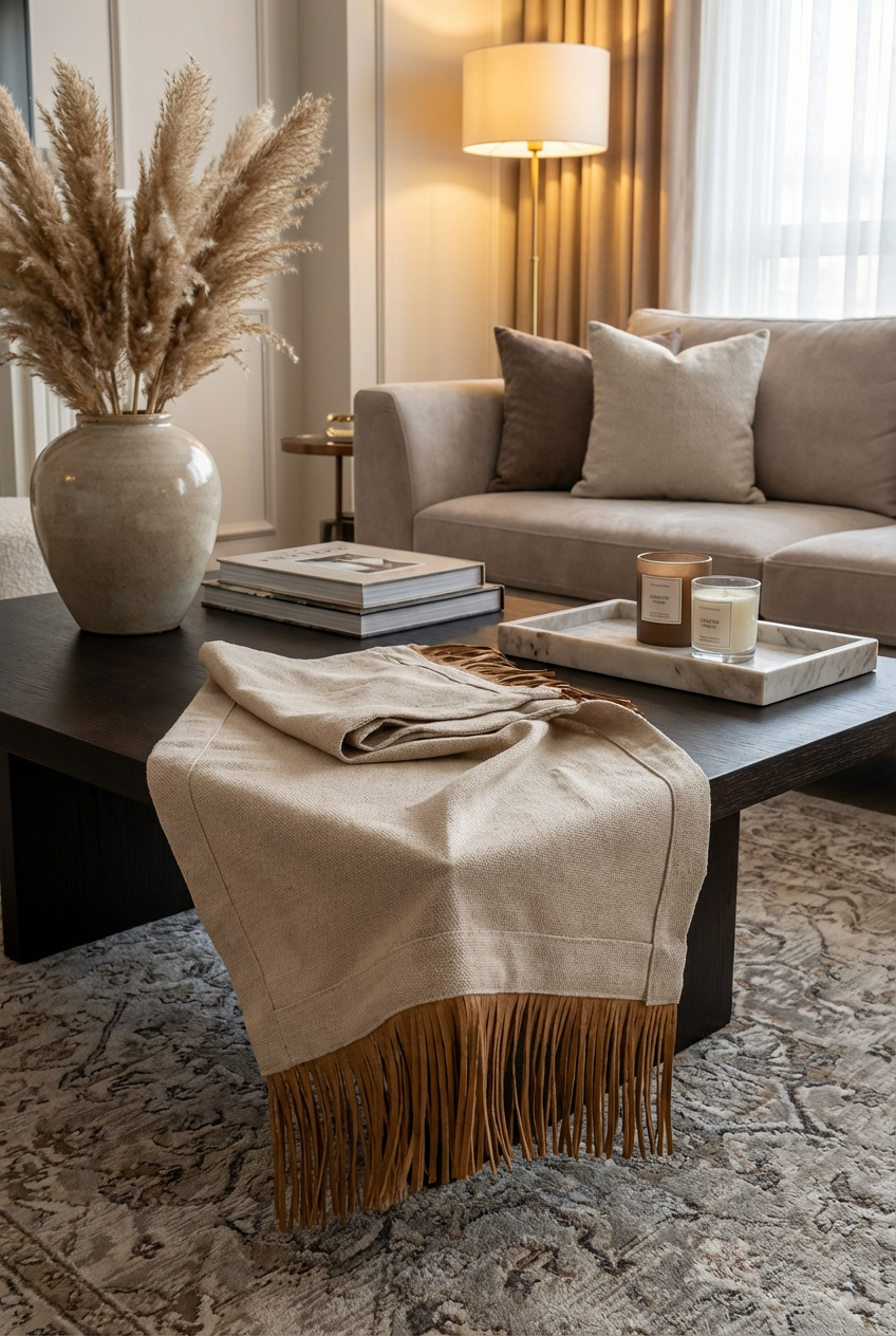 Bohem Rafya Püsküllü Doğal Kumaş Runner Bej 30x100 cm