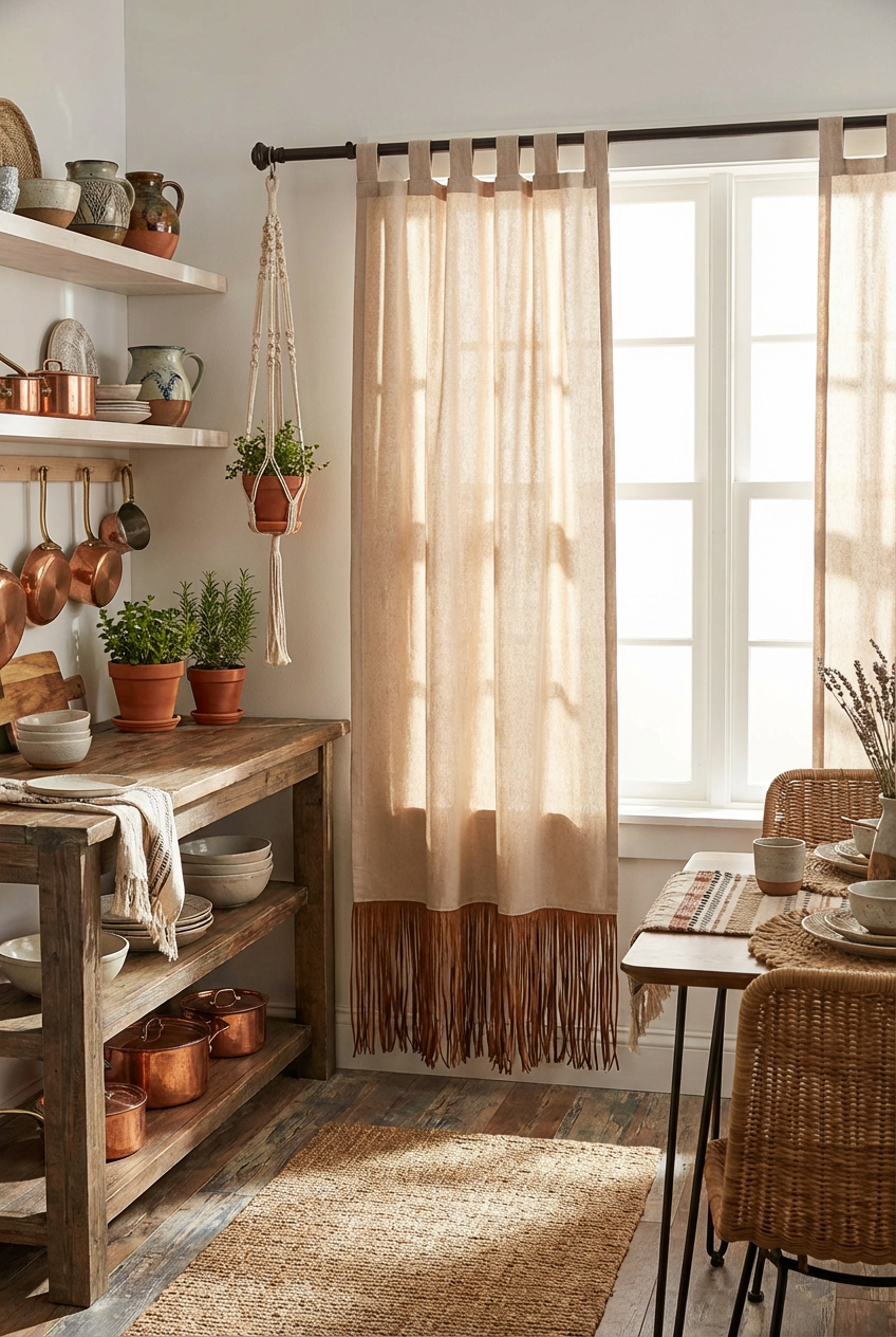 Bohem Rafya Püsküllü Doğal Kumaş Perde Bej 95x140 cm