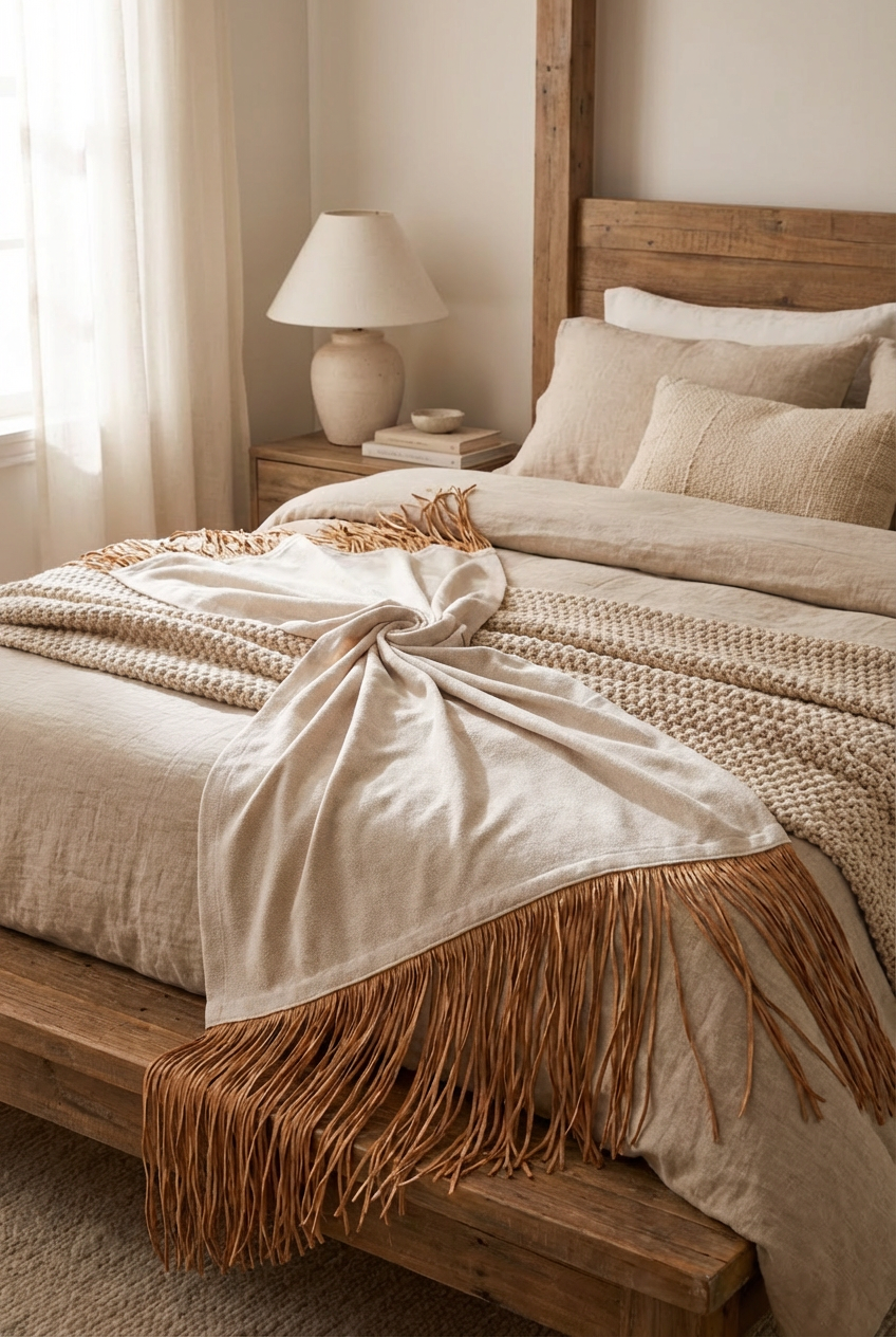 Bohem Rafya Püsküllü Doğal Kumaş Yatak-Koltuk Şalı 80x160 cm