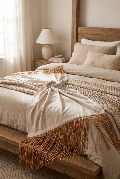 Bohem Rafya Püsküllü Doğal Kumaş Yatak-Koltuk Şalı 80x160 cm