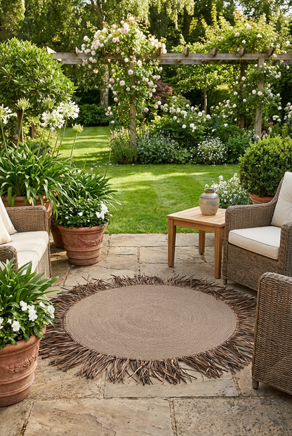 Bohem Rafya Püsküllü El Yapımı Jüt Paspas Halı Krem 90cm