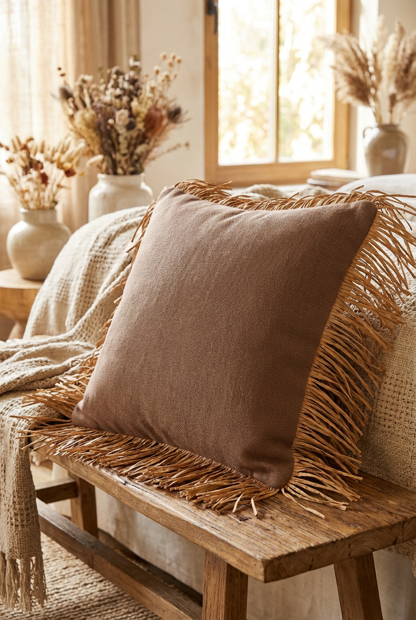 Bohem Rafya Püsküllü Doğal Kumaş Kırlent Kılıfı Kahve 45x45 cm