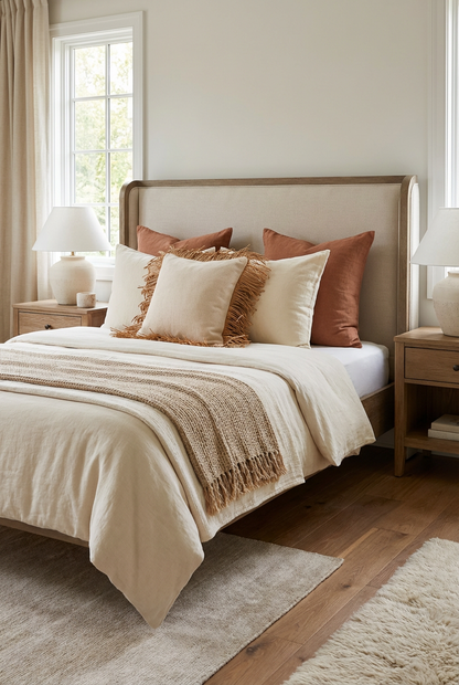 Bohem Rafya Püsküllü Doğal Kumaş Kırlent Kılıfı Bej 45x45 cm