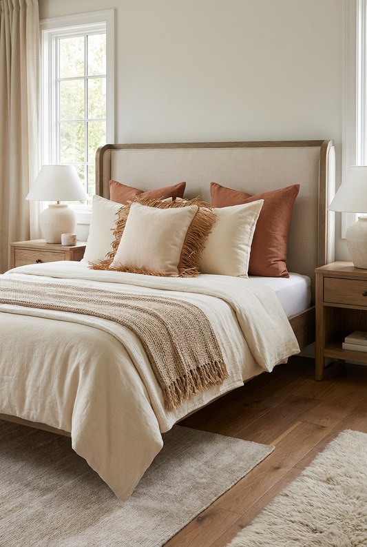 Bohem Rafya Püsküllü Doğal Kumaş Kırlent Kılıfı Bej 45x45 cm