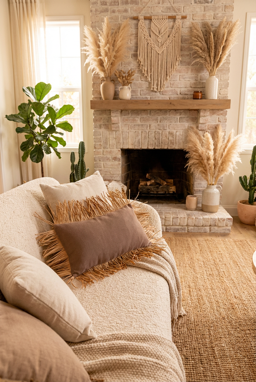 Bohem Rafya Püsküllü Doğal Kumaş Kırlent Kılıfı Kahve 25x50 cm