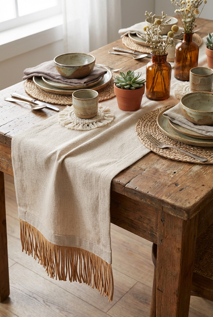 Bohem Rafya Püsküllü Doğal Kumaş Runner Bej 30x100 cm