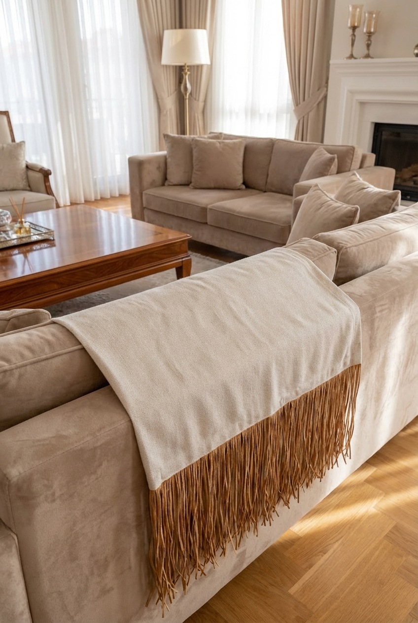 Bohem Rafya Püsküllü Doğal Kumaş Yatak-Koltuk Şalı 80x160 cm