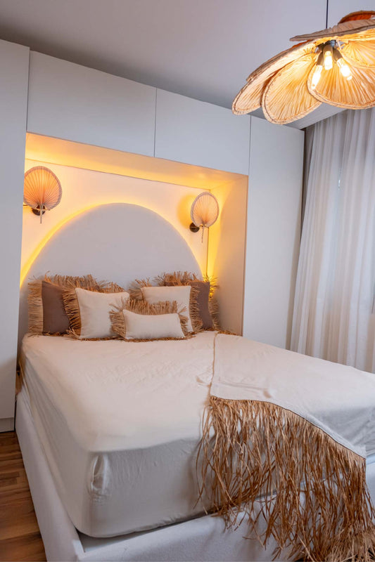 Bohem Rafya Püsküllü Doğal Kumaş Yatak-Koltuk Şalı 80x160 cm