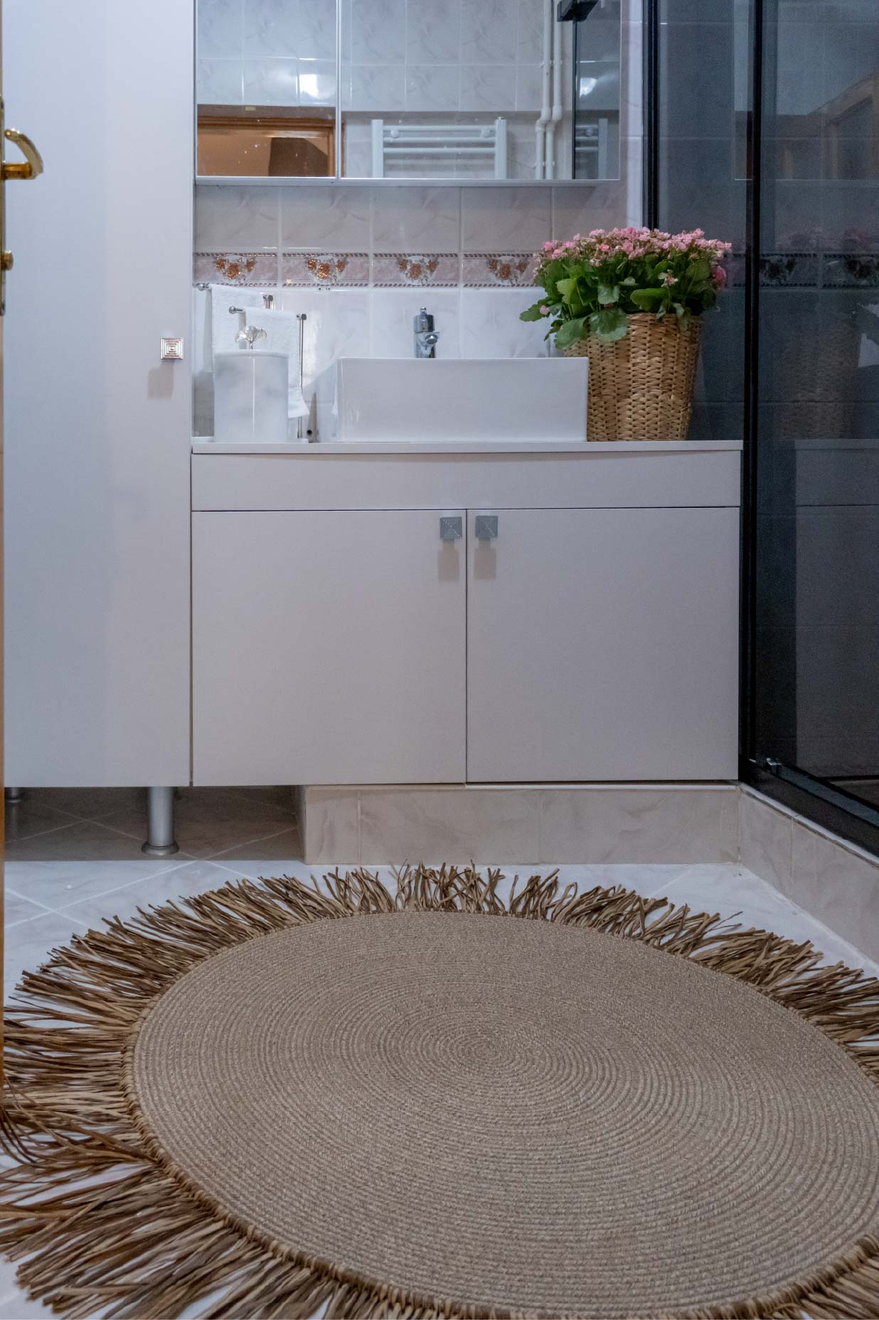 Bohem Rafya Püsküllü El Yapımı Jüt Paspas Halı Krem 90cm