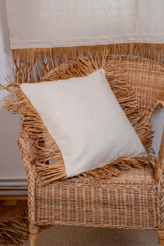 Bohem Rafya Püsküllü Doğal Kumaş Kırlent Kılıfı Bej 45x45 cm