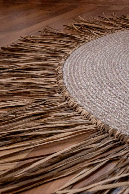 Bohem Rafya Püsküllü El Yapımı Jüt Paspas Halı Krem 90cm